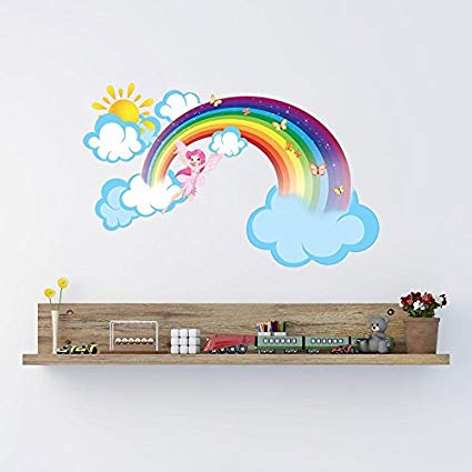 Rainbow Fairy with Clouds and Sun Wall Decal by Style & Apply - Girls Room Wall Decal, Sticker for Girls, Nursery Vinyl Wall Art, Kids Room Decor - DS 875 - 64in x 39in