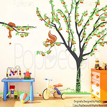 PopDecors - Cherry Tree with Squirrels - Custom Beautiful Tree Wall Decals for Kids Rooms Teen Girls...