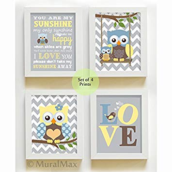 MuralMax - Modern Chevron Love & Owl Theme - You Are My Sunshine Collection - Unframed Prints - Set of 4 -...