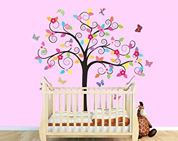 Colorful Swirly Nursery Tree with Patterned Butterflies Decal
