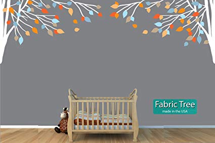 Childrens Wall Decals, Fabric Blue and Orange Tree Wall Decal, Tree Branch Wall Decal
