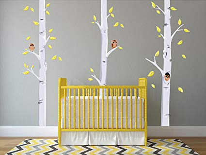 Sunny Decals Modern Birch Trees Fabric Wall Decals with Owls and Leaves (Set of 3)