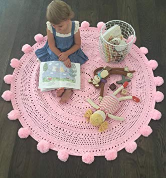Pom Pom Playmat Handmade From Softest Cottons for Baby in Fun Designs Crochet Blanket (Pink)