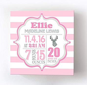 Personalized Stretched Canvas, Striped Birth Announcement, Custom Baby Name, Date, Weight Stats, Safari...