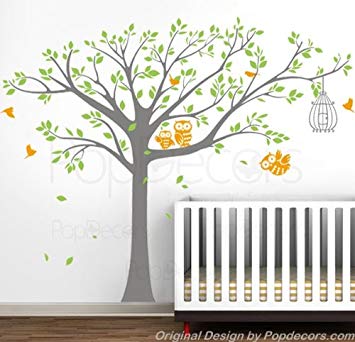 PopDecors - Nursery Tree with Cute Owls B - Grey Tree Lime Green Leaves - Nursery Tree Decals Baby Wall...