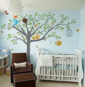 Pop Decors Vinyl Art Wall Decals Mural for Nursery Room, Nursery Tree with Cute Owl's Removable Grey