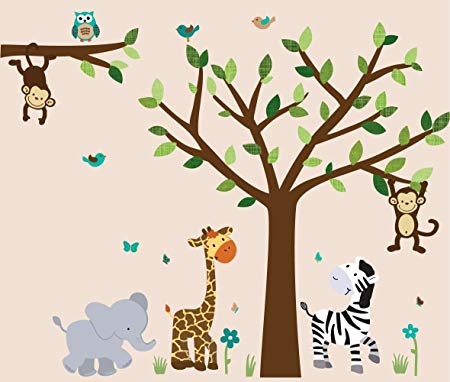 Safari Evergreen Jungle Tree Wall Decals, Jungle Stickers with Green Leaves and Vinyl Tree