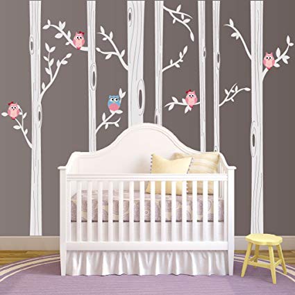 Nursery Birch Tree Wall Decal Set With Owl Birds Forest Vinyl Sticker, Birch Tree Wall Decal, Birch Tree Decal Baby Boy Whimsical Owls (7 trees) #1321 (84