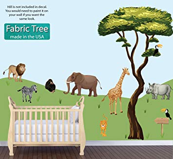 Jungle Tree Wall Decals, Jungle Stickers, Lion Decals, Drawn Jungle Animals Decal