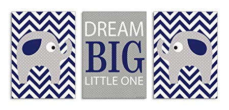 The Kids Room by Stupell Dream Big Little One Grey Elephant With Blue Chevron 3-Pc Wall Plaque Set, 11 x 0.5 x 15, Proudly Made in USA