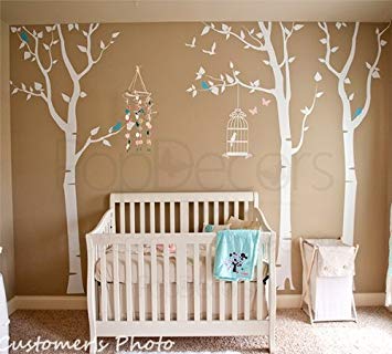 Three birch trees and birdcage - White, Light pink and Ice Blue - Beautiful Tree Wall Decals for Kids Rooms...