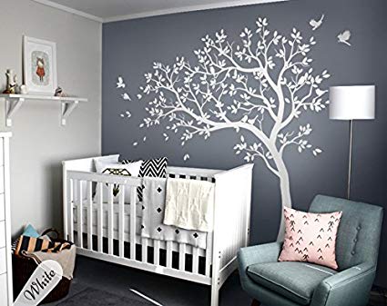White tree wall decals Large nursery tree decals with birds stunning white tree decals Wall tattoos Wall mural removable vinyl wall sticker KW032_1