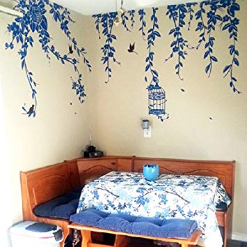 Pop Decors Removable Vinyl Art Wall Decals Mural, Elegant Leaves and Bird Cage with Flying Birds