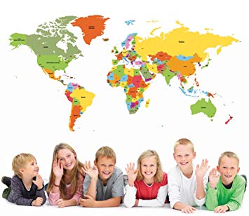 PopDecors Educational World Map 98 inch for Kids Room Wall Decal Vinyl Wall Sticker Wall Mural...