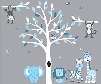 Large Blue & White Tree Decal with Jungle Animals