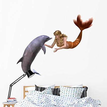 Wallmonkeys Dolphin and Mermaid Wall Decal Peel and Stick Graphic (60 in W x 46 in H) WM176293
