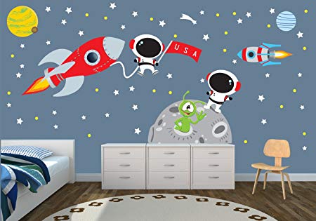 Rocket and Moon Wall Decal with Astronauts for Baby Nursery or Boy's Room