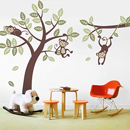 3 Monkey Tree and Branch Vine- Baby Nursery Vinyl Wall Decals