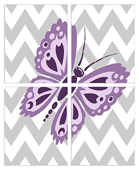 The Kids Room By Stupell Purple Butterfly On Grey And White Chevron 4-Pc. Rectangle Wall Plaque Set, Proudly Made in USA