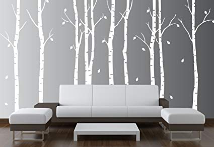 Birch Tree Wall Decal Nursery Forest Vinyl Sticker Removable Animals Branches Art Stencil Leaves (9 Trees) #1263 (Matte White, 96
